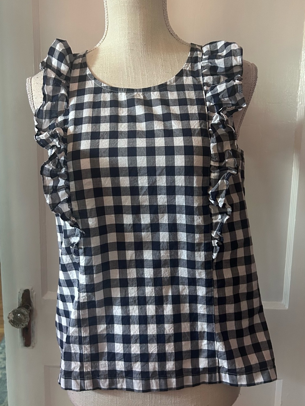 Womens JCrew Gingham Ruffle Sleeveless Top - Navy & White size 6
